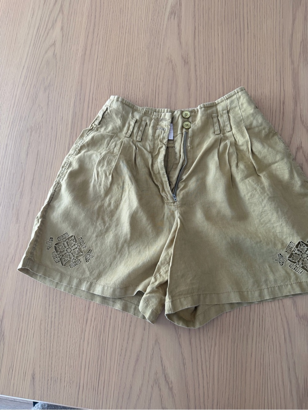 Rebecca Taylor Olive Green High-Waist Linen-Blend Shorts